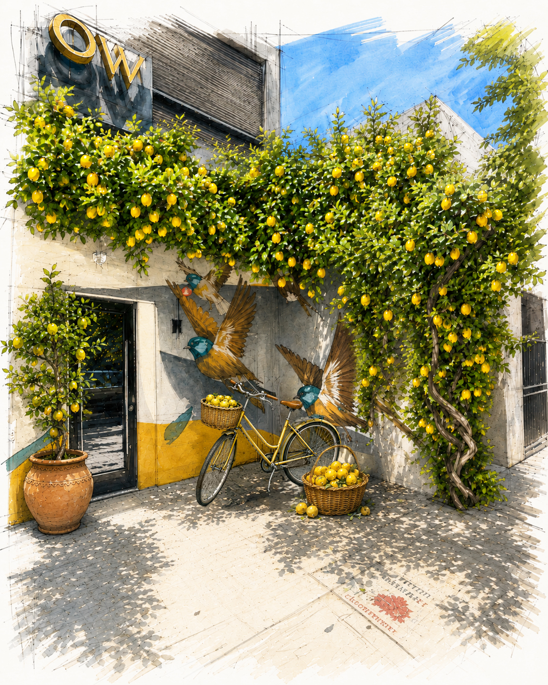 Illustrated Sparrow Amalfi storefront with lemon trees